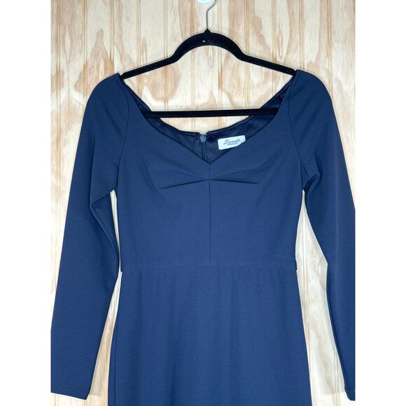 Lumier by Bariano Dark Blue Bodycon Cocktail Dress XS Quiet Luxury Romantic Midi - Picture 4 of 7
